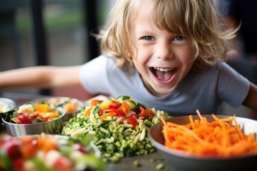 a child making a funny face at a veggie burrito bowl